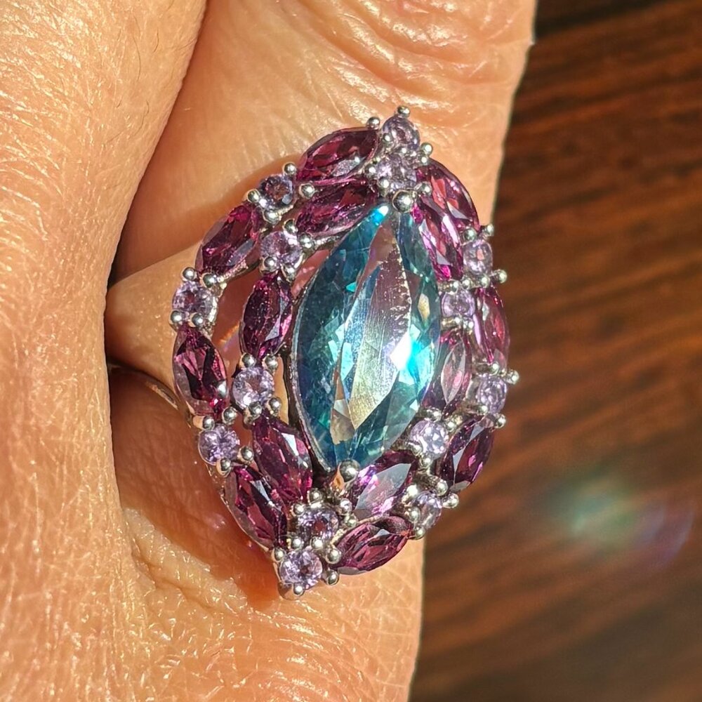 Mystic Topaz and Rhodolite Garnet Marquis Platinum Plated Sterling Silver Ring